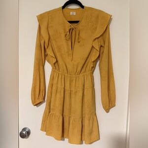 Wilfred Mustard Yellow Floral Tie-Neck Ruffle Long-Sleeve Dress